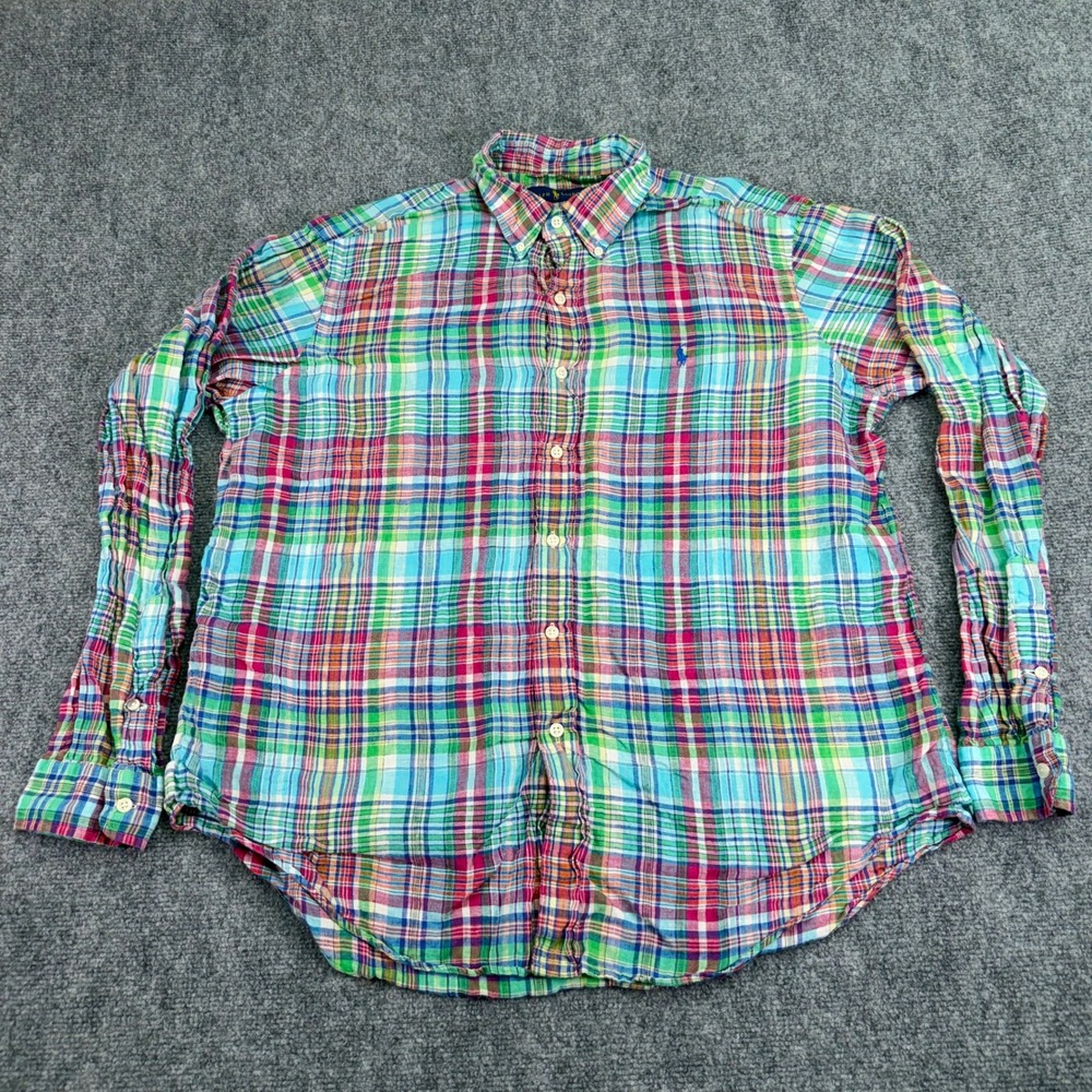 Ralph Lauren Shirt Men's XL Madras Plaid 100% Linen Button Down Long Sleeve Pony